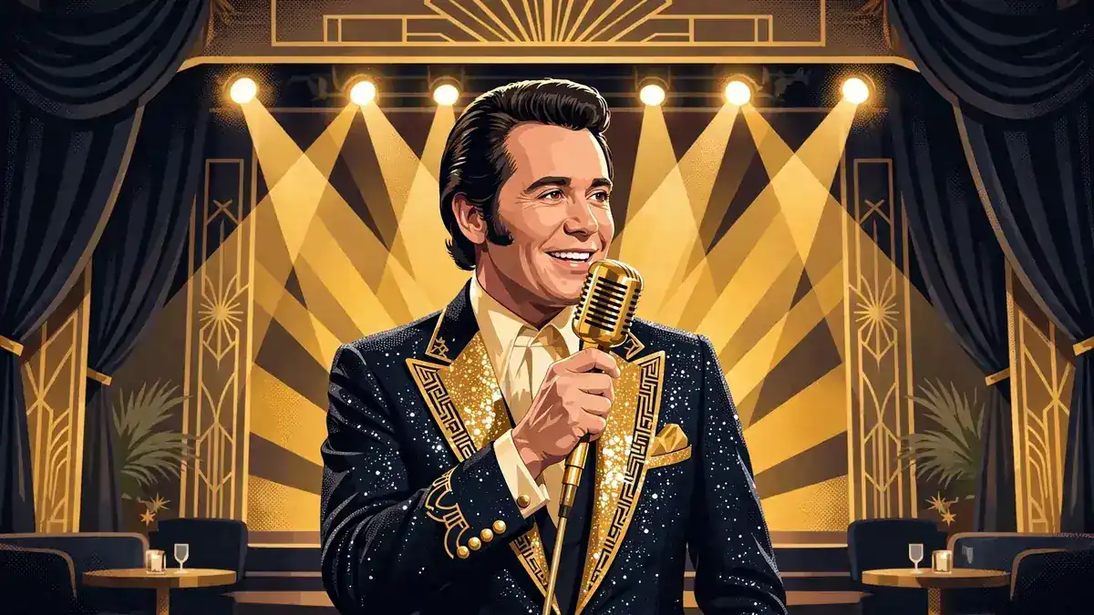 Illustrated portrait of singer Wayne Newton in a sparkling navy suit holding a gold microphone under showroom spotlights