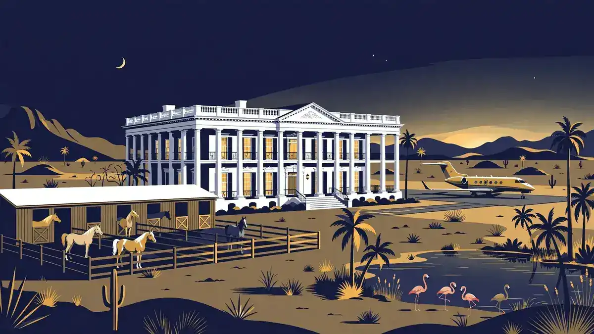 Illustrated white Southern-style mansion on a desert ranch with horse stables, corrals and a private jet