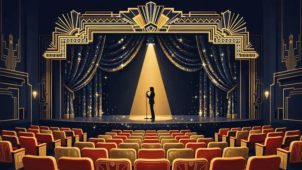 Illustrated classic Las Vegas showroom with a singer on stage under a golden spotlight and art-deco marquee