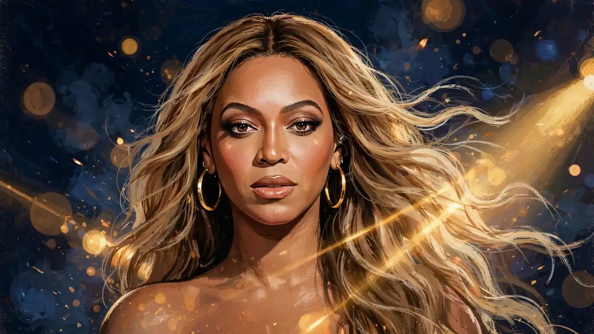 Illustrated portrait of Beyoncé in gold stage light against a dark navy background