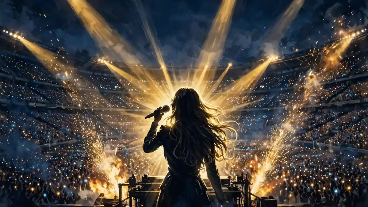 Illustrated silhouette of a female performer on a stadium stage before a massive glowing crowd
