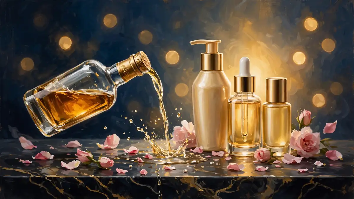 Illustrated still life of a whiskey bottle and luxury haircare products in warm gold light