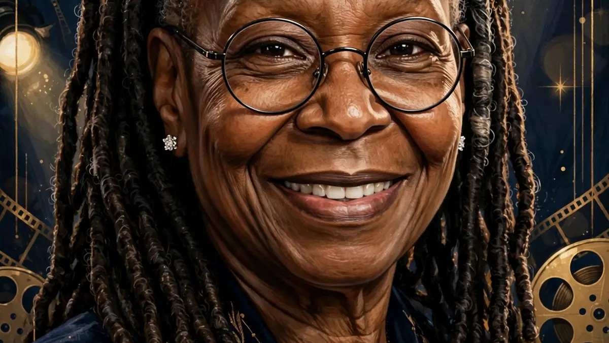 Stylized editorial portrait illustration of actress and comedian Whoopi Goldberg with her signature dreadlocks and glasses, in dark navy and gold