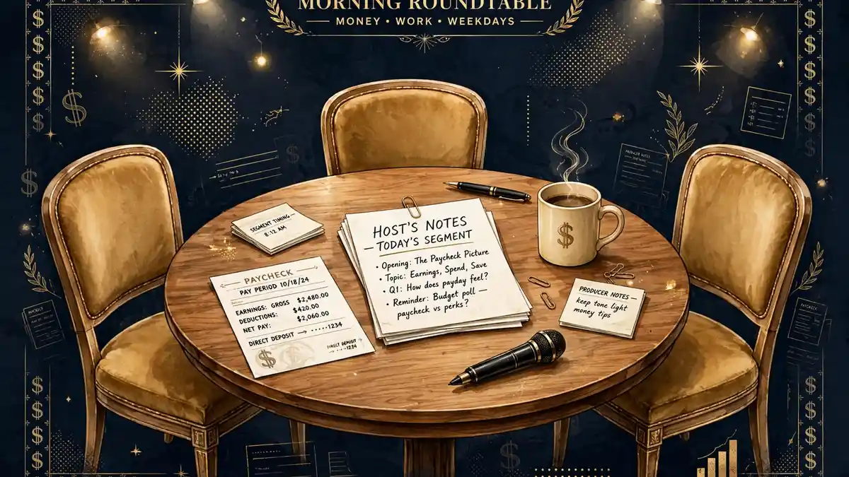 Stylized editorial illustration of a daytime talk-show set with a host's round table and note cards, in dark navy and gold