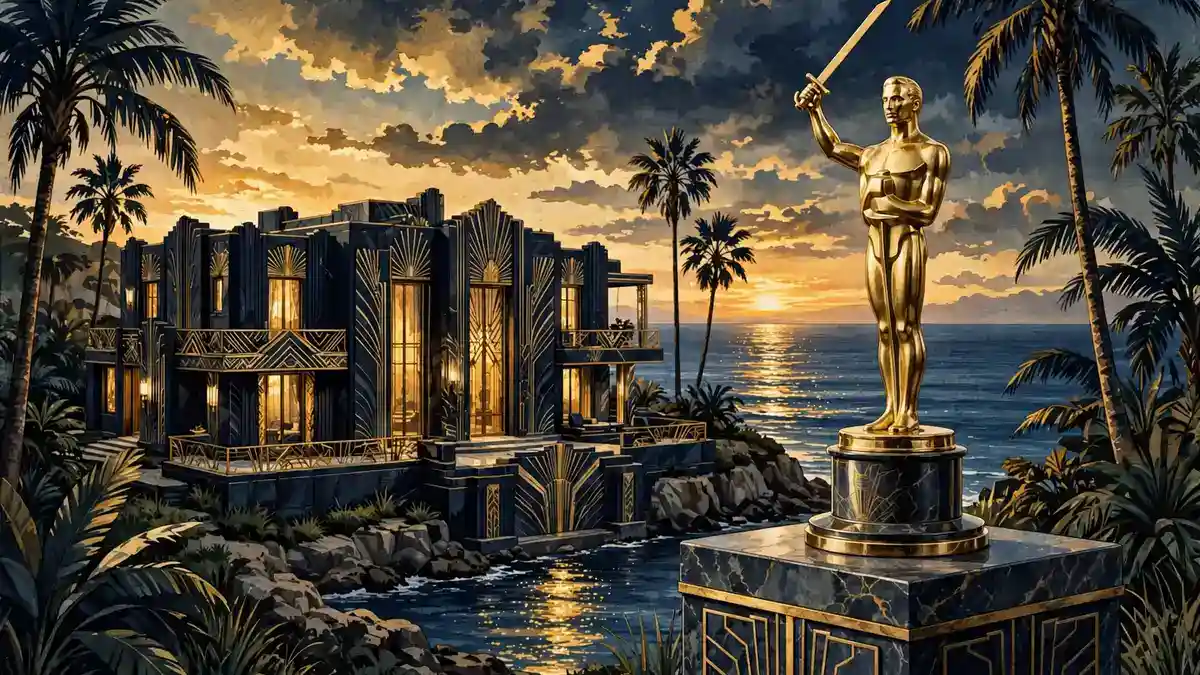 Stylized editorial illustration of a 1930s art deco mansion at sunset beside a film award statue, in dark navy and gold