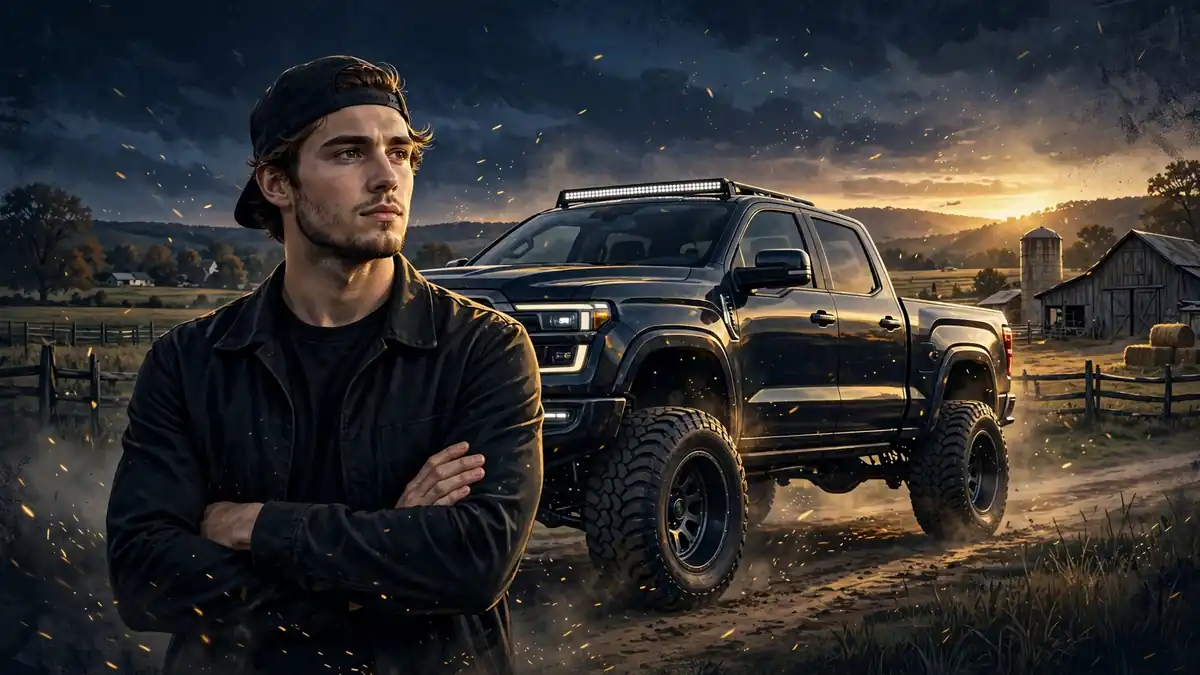 Stylized illustration of Cody Detwiler, known as WhistlinDiesel, in a backward black cap standing arms crossed in front of a lifted diesel pickup truck at a Tennessee farm at dusk.