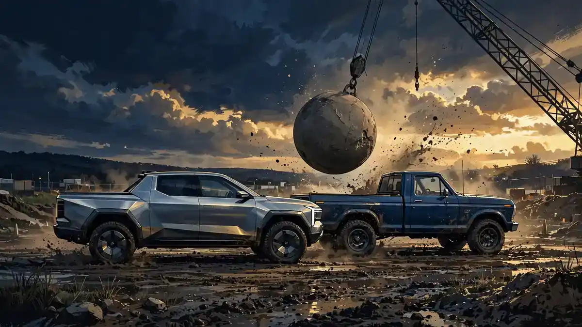 Illustration of the Tesla Cybertruck and Ford F-150 undergoing a concrete-ball durability test (NetWorthCraft original artwork)