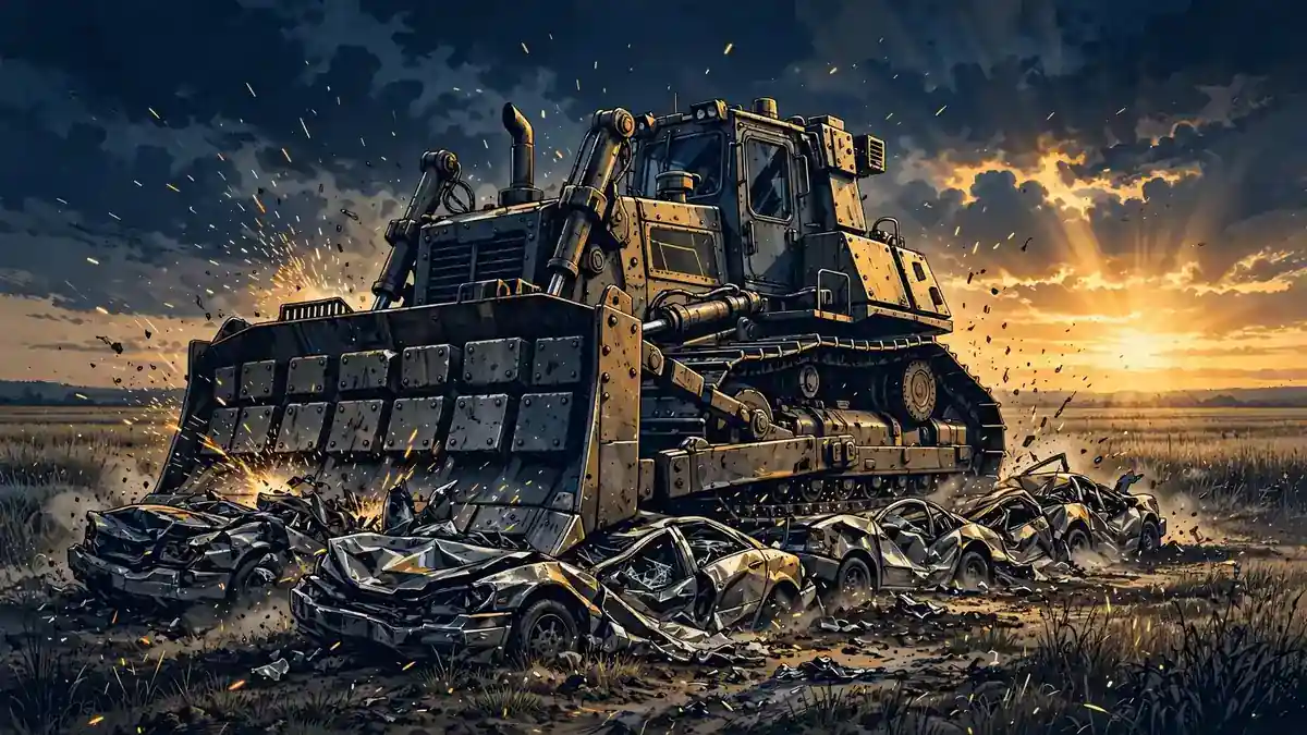 Illustration of the armored WhistlinDiesel Killdozer replica crushing parked cars (NetWorthCraft original artwork)
