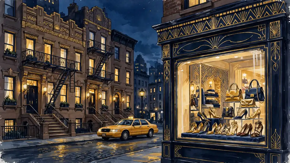 Stylized illustration of a 1990s New York City street at dusk with a yellow taxi and boutique storefront, in navy and gold