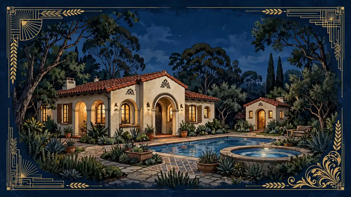 Stylized illustration of a 1930s Spanish-style California bungalow with pool at dusk, in navy and gold