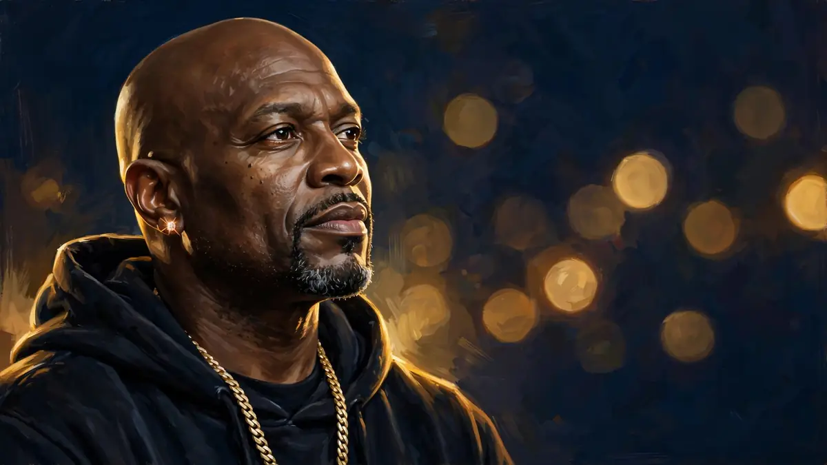 Stylized illustrated portrait of rapper Xzibit wearing a gold chain against a dark navy background