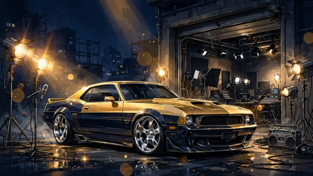 Illustrated custom muscle car with chrome rims in a TV studio garage, navy and gold style