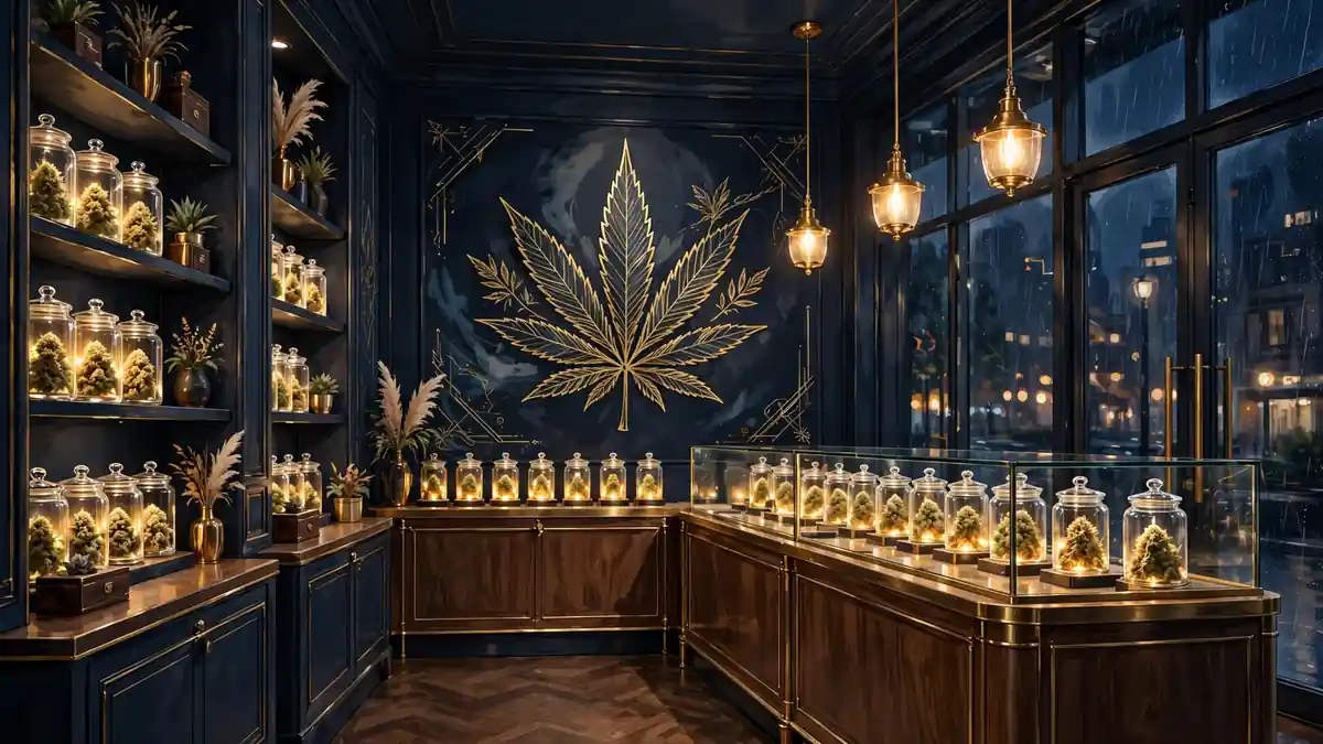 Illustrated premium cannabis dispensary interior with glass display jars under warm gold light