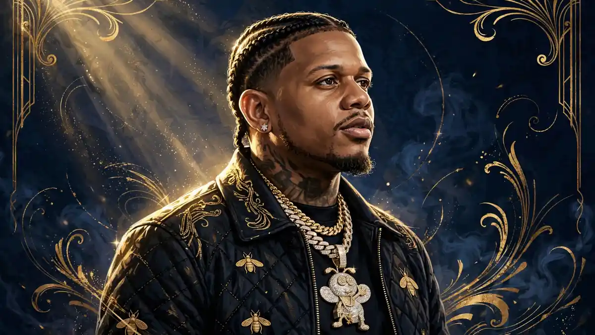 Stylized illustrated portrait of rapper Yella Beezy in navy and gold
