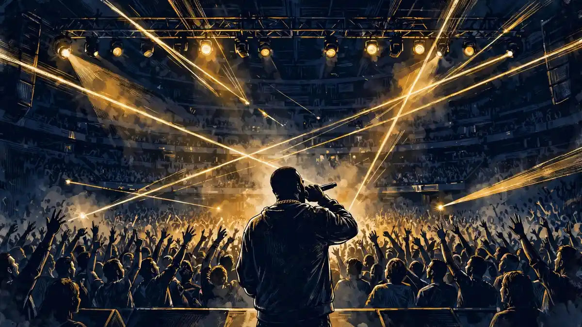 Stylized illustration of a hip-hop concert crowd with gold stage lights