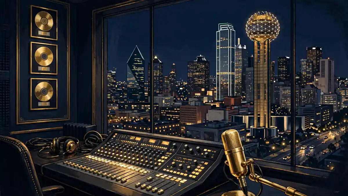 Stylized illustration of a luxury recording studio with Dallas skyline at night