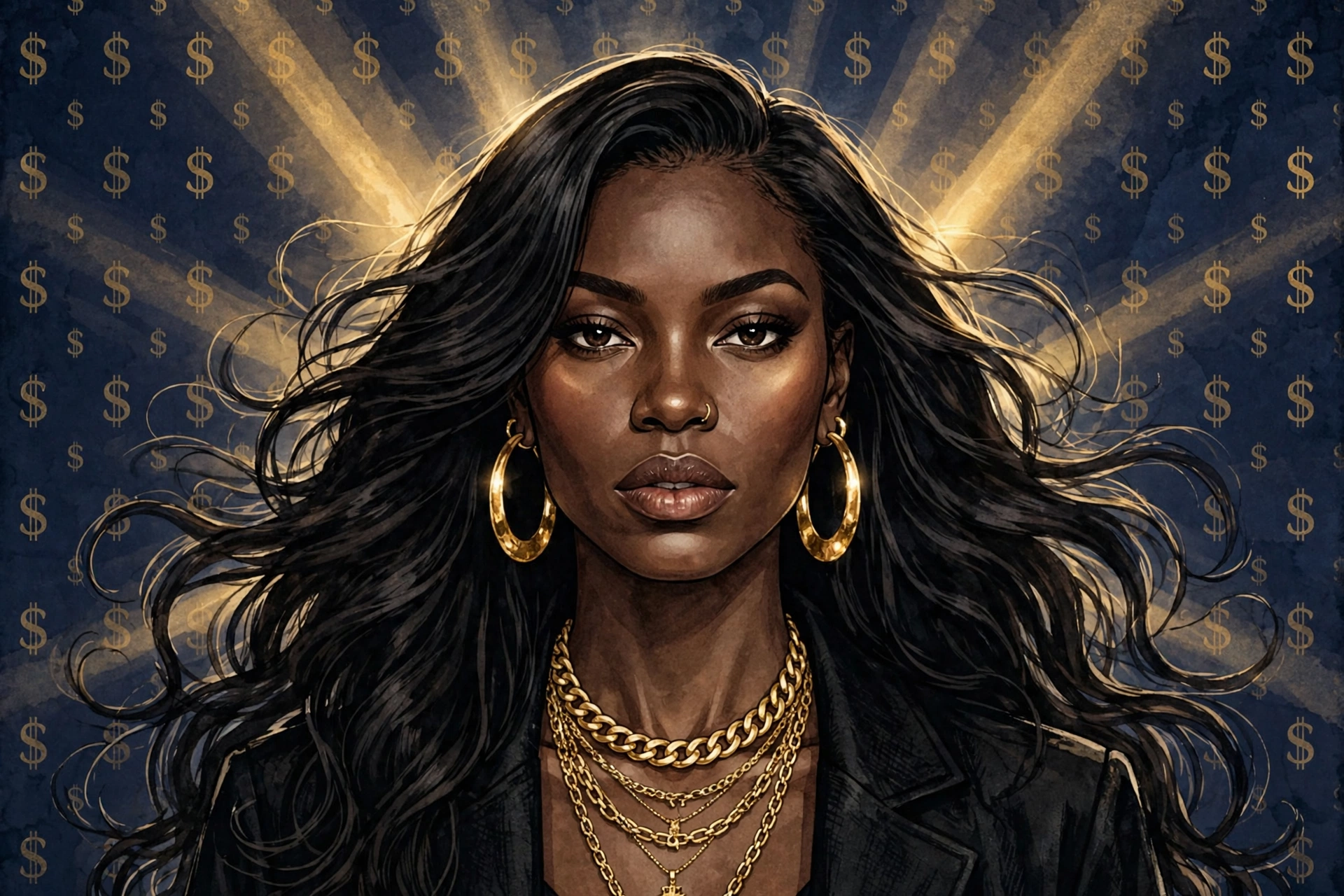 Stylized illustrated portrait of rapper Yung Miami in navy and gold