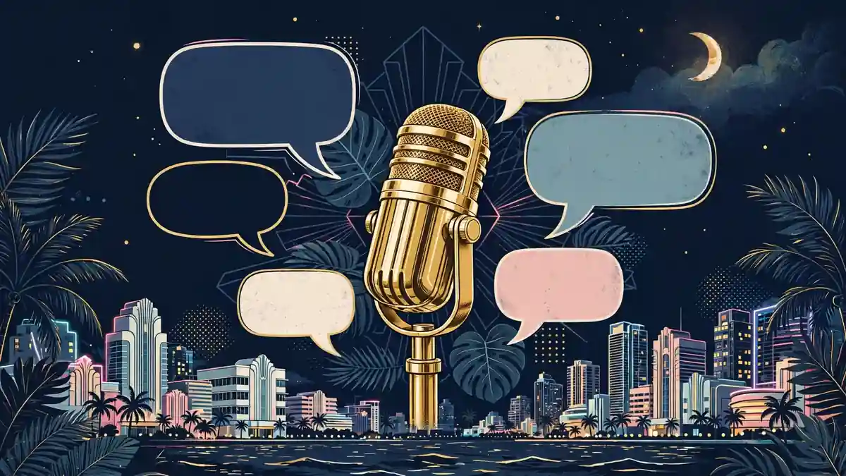 Gold podcast microphone on a dark navy background, illustrating Yung Miami's Caresha Please show