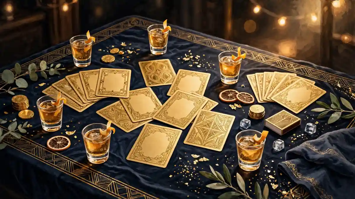 Gold-rimmed party cards and shot glasses on a navy casino table, illustrating the Resha Roulette game line