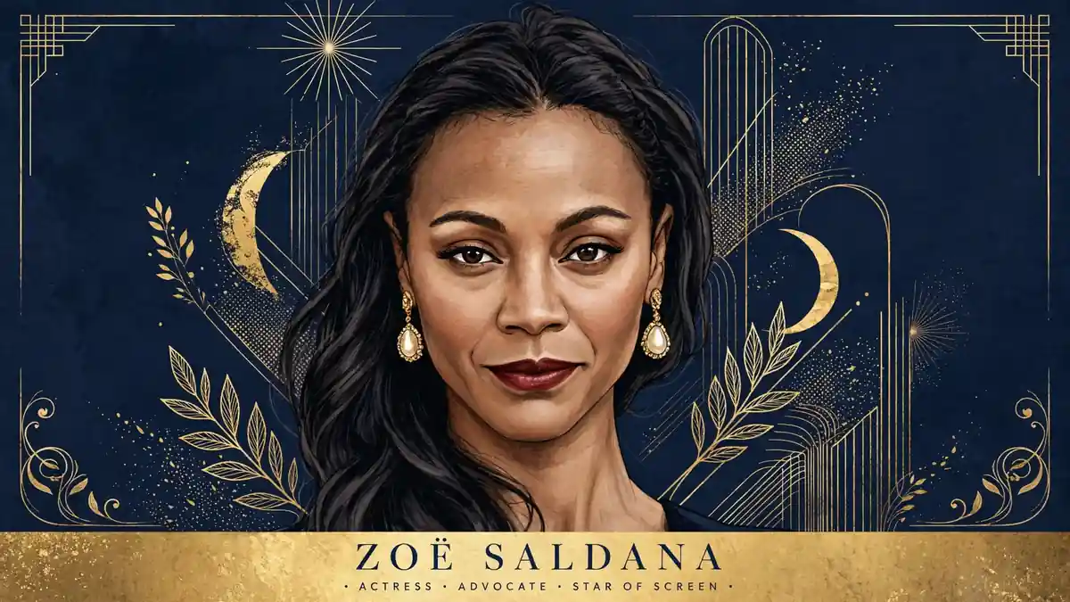 Stylized navy-and-gold illustration portrait of actress Zoe Saldaña