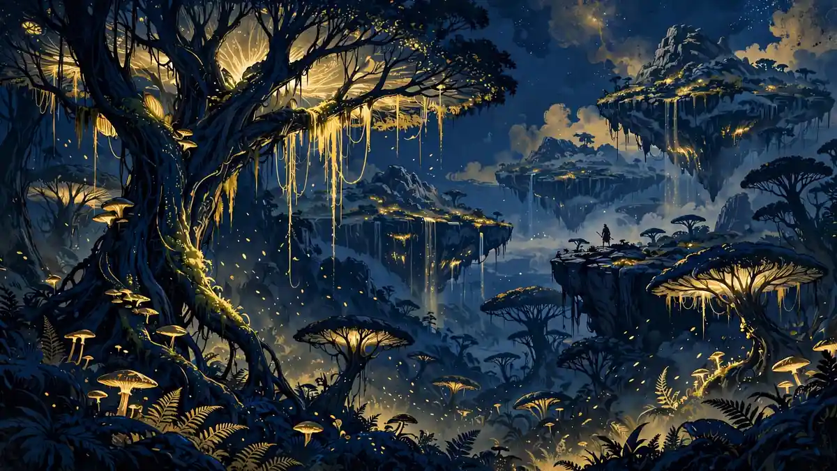 Illustration of a bioluminescent alien jungle inspired by Zoe Saldaña's Avatar films