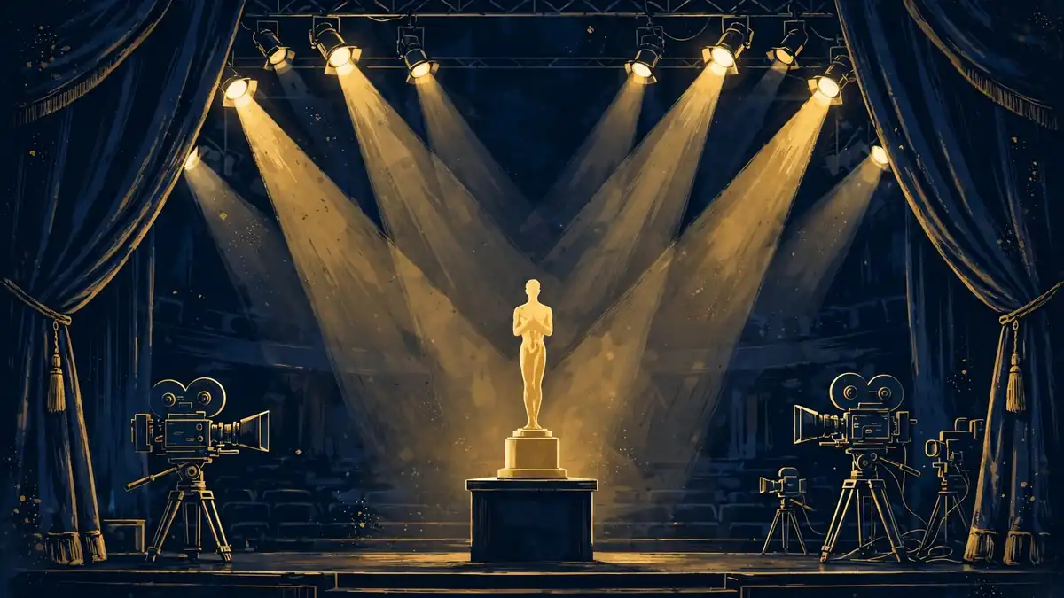 Illustration of a gold film award statuette under stage lights